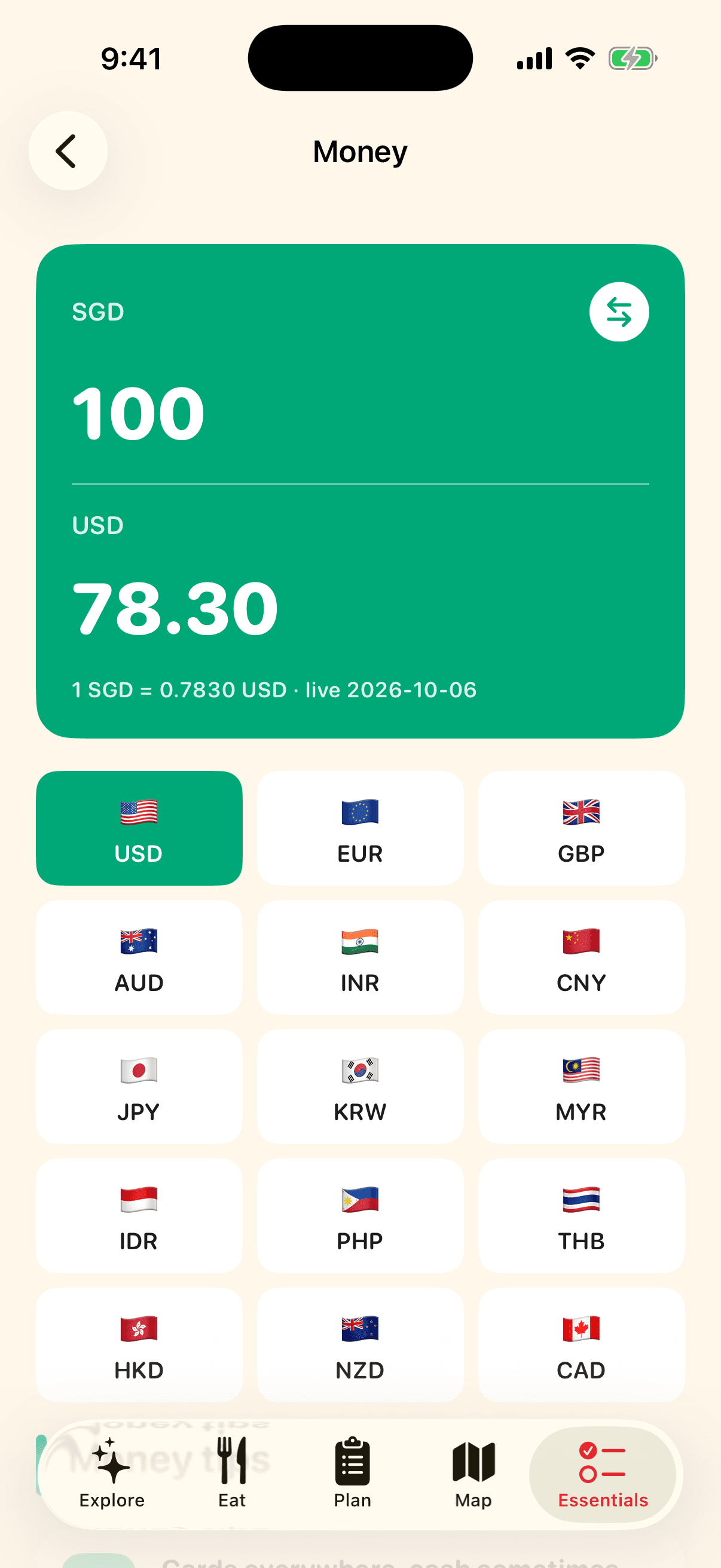 Money screen of the Visit Singapore app