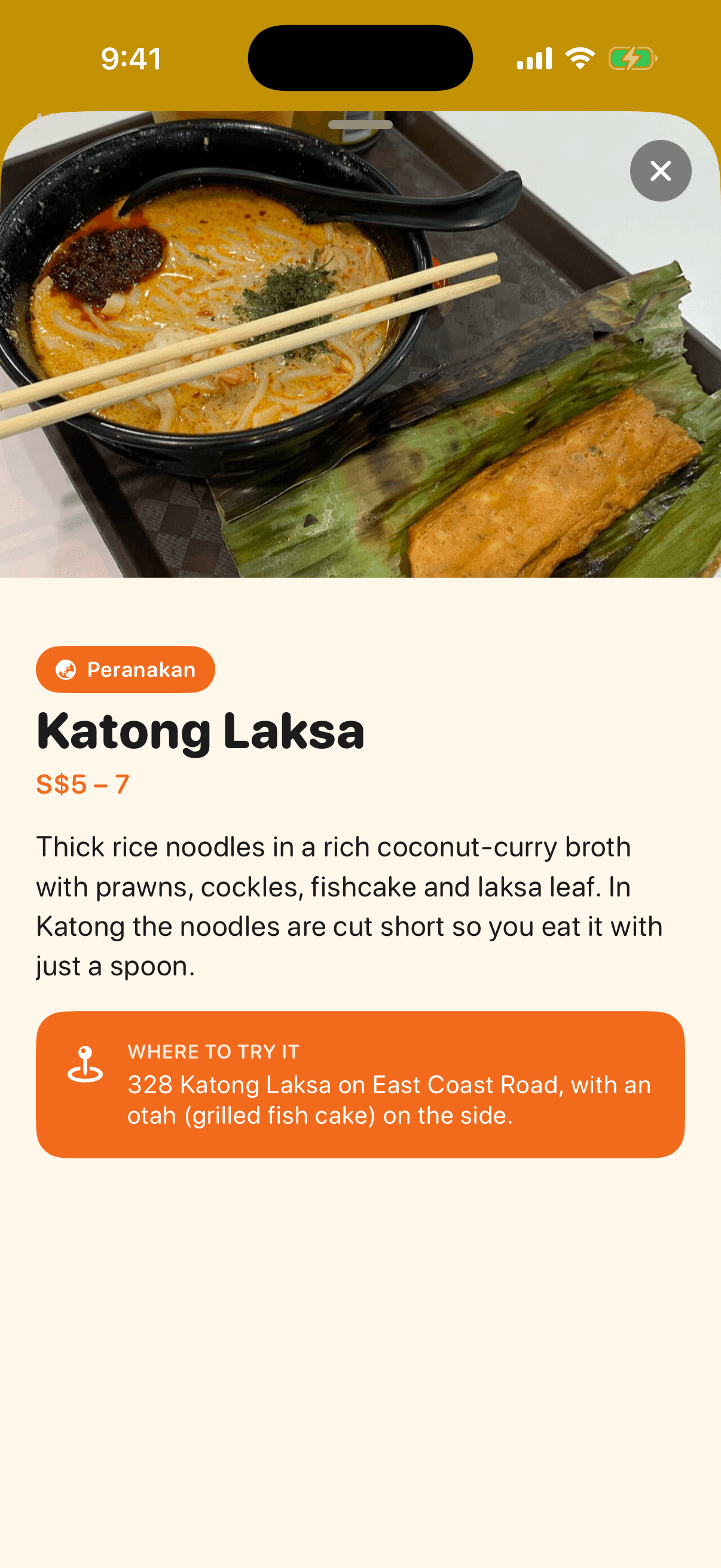 Dish stories screen of the Visit Singapore app