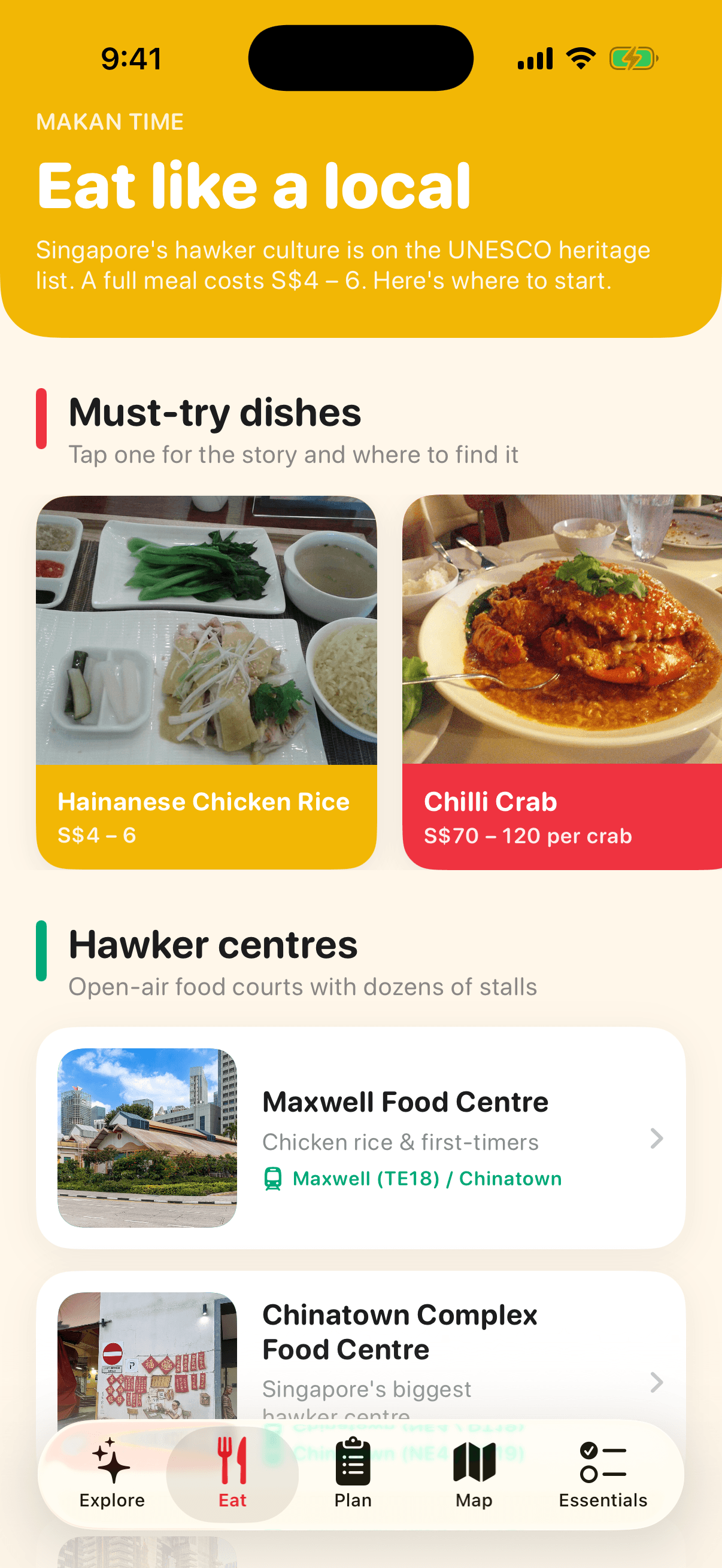 Eat tab with must-try dishes and hawker centres