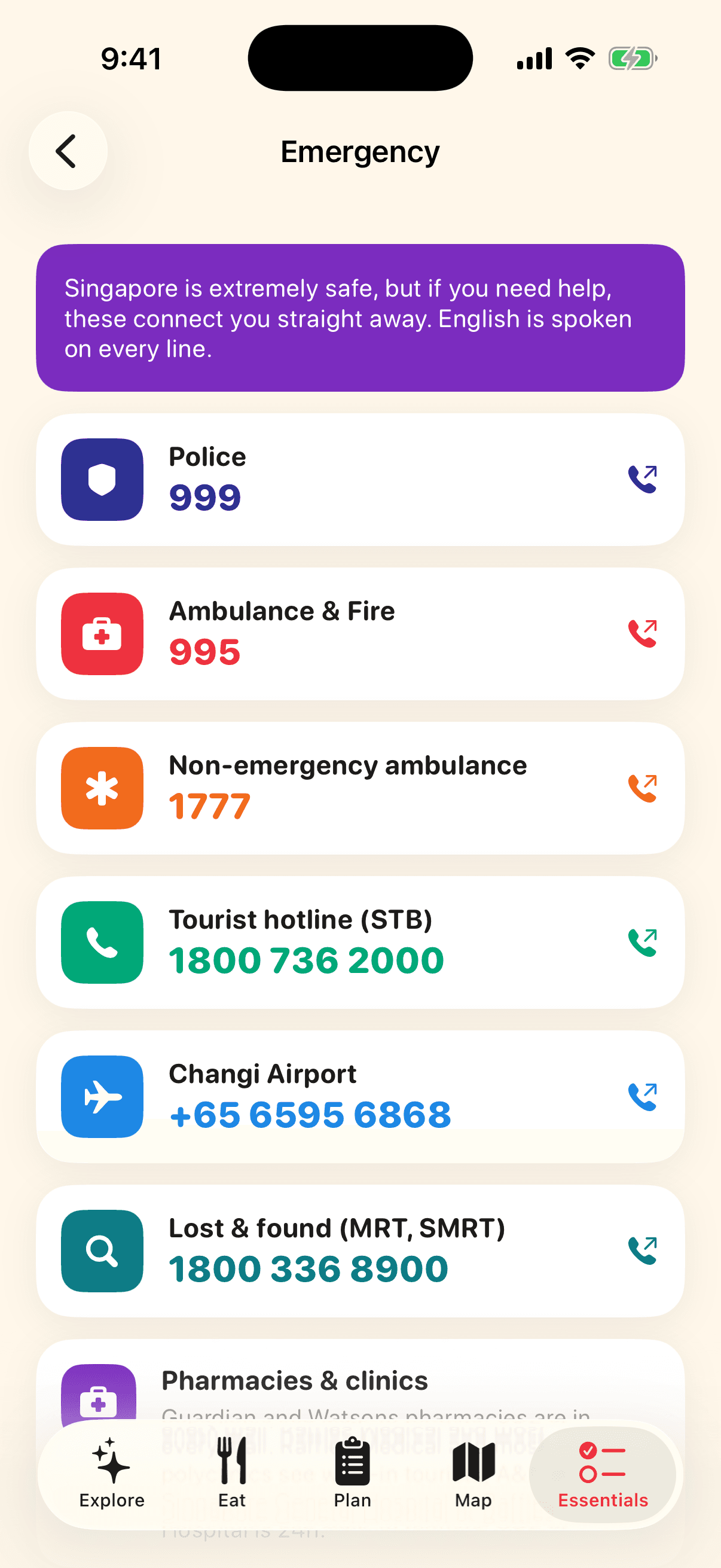 Emergency numbers screen of the Visit Singapore app