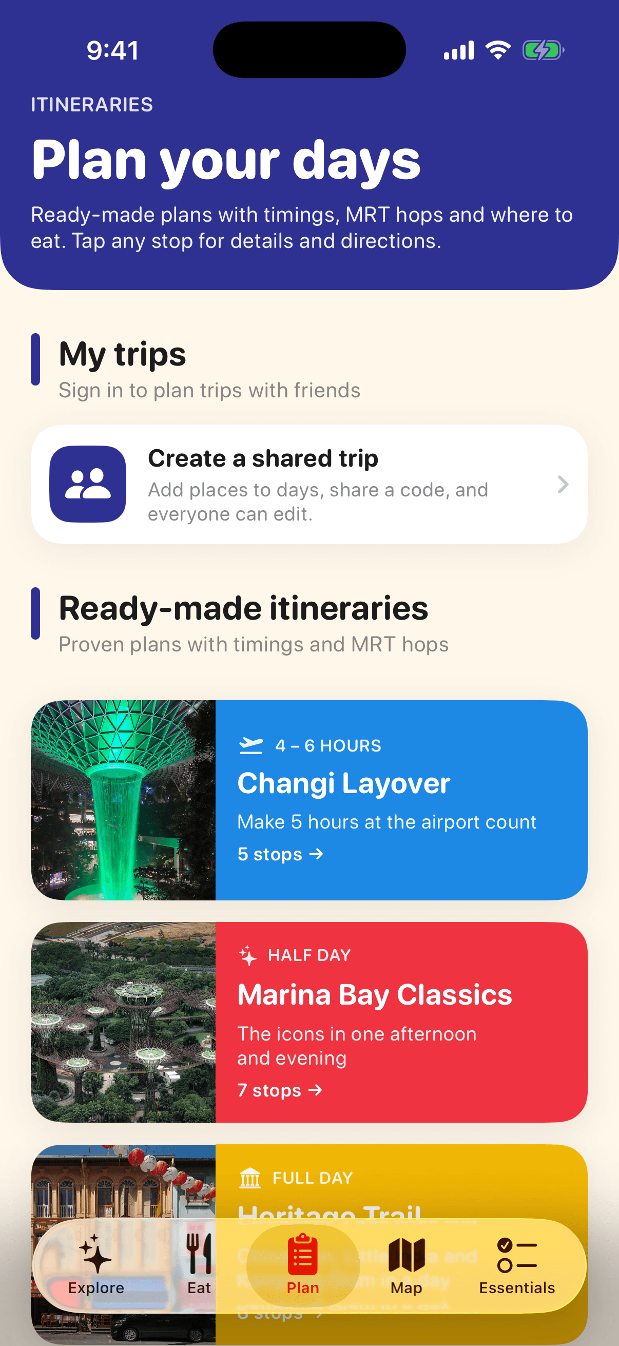 Plan screen of the Visit Singapore app