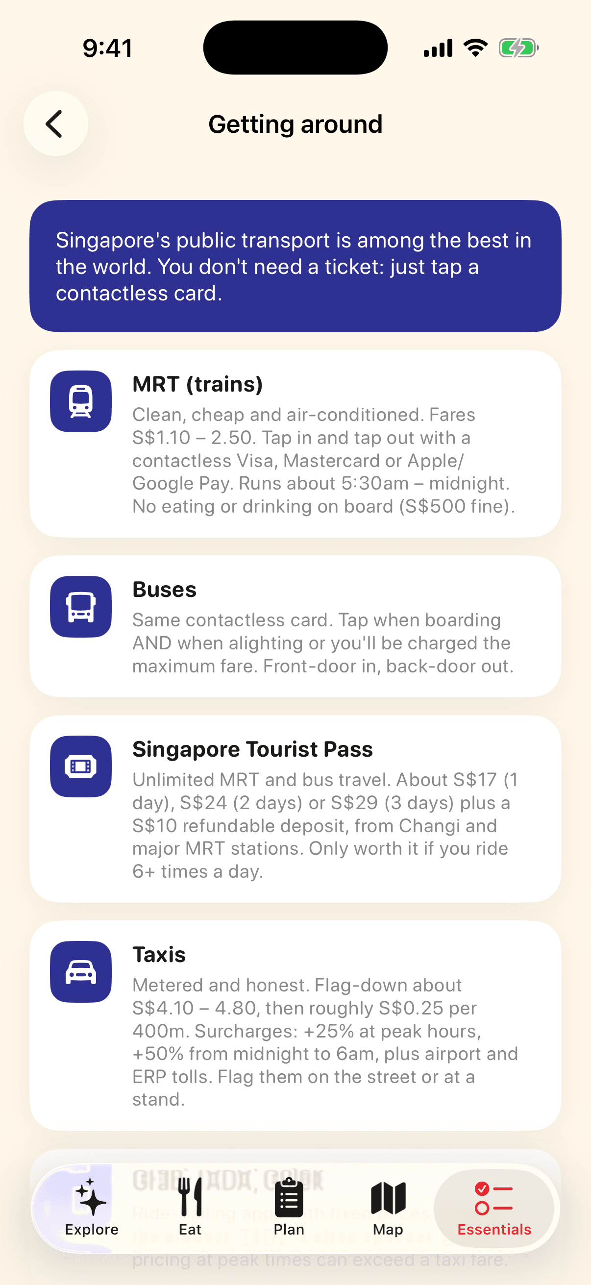 Getting around screen of the Visit Singapore app