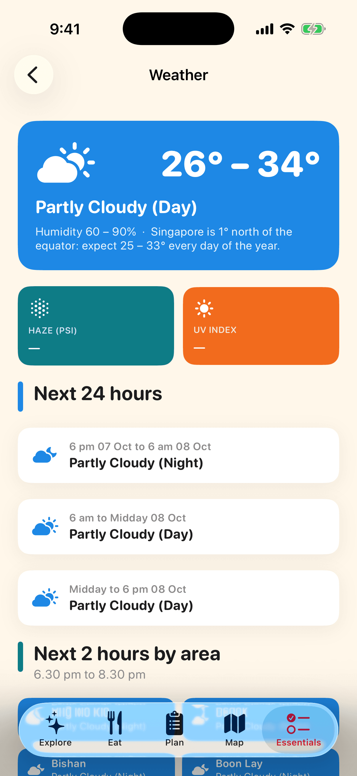 Weather, rain & haze screen of the Visit Singapore app